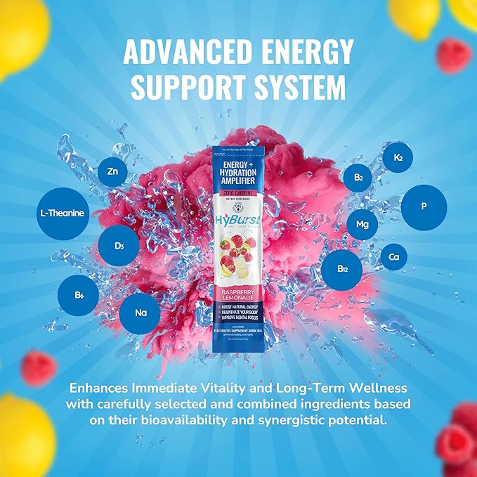 Energy + Hydration Amplifier - Multivitamin Electrolyte Powder Packets with Vitamins D3 K2 & B6 B12 | L-Theanine, Cane Sugar, Caffeine Free Energy Drink Powder | Raspberry Lemonade, 15 Pack