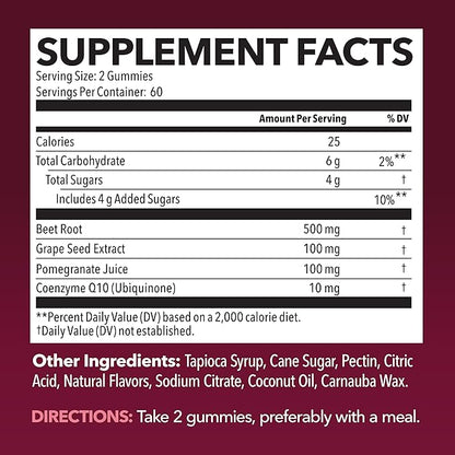 Beet Root Gummies with COQ10 & Pomegranate - Nitric Oxide Supplement for Men and Women - Endurance, Performance, Recovery - Vegan, Non-GMO, Gluten Free - Mixed Berry Flavor, 2 Month Supply
