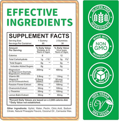 Magnesium Gummies for Kids - Magnesium Glycinate, L-Threonate Supplement with L-Theanine, Vitamin B6, D3 for Adults & Kids, Calm Magnesium for Sleep, Relaxation, Brain, Bones,Sugar Free Pineapple 60ct