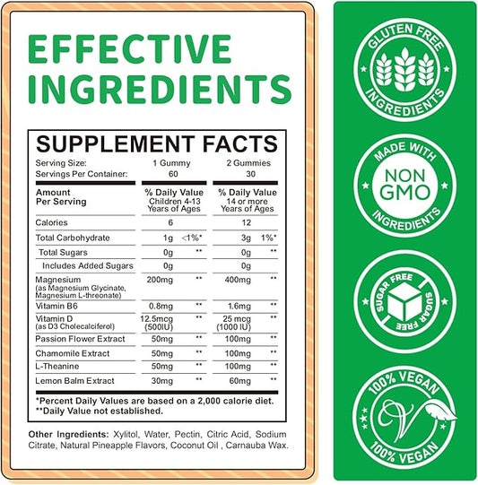 Magnesium Gummies for Kids - Magnesium Glycinate, L-Threonate Supplement with L-Theanine, Vitamin B6, D3 for Adults & Kids, Calm Magnesium for Sleep, Relaxation, Brain, Bones,Sugar Free Pineapple 60ct
