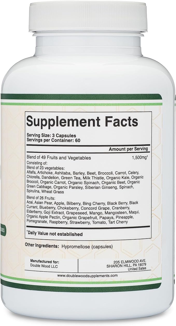 Fruits and Veggies Supplement (Daily Blend 49 Different 23 Veggies 29 Fruits) 1,500mg Servings, 180 Capsules