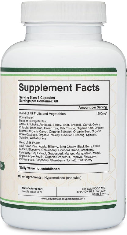 Fruits and Veggies Supplement (Daily Blend 49 Different 23 Veggies 29 Fruits) 1,500mg Servings, 180 Capsules