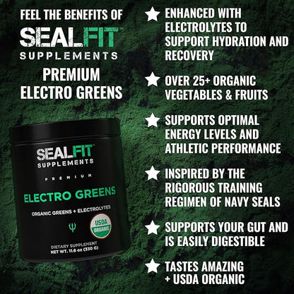 SEALFIT ElectroGreens - USDA Organic Greens Superfood + Electrolytes Powder. 25+ Superfoods for Energy and Hydration. Super Green Juice and Electrolyte Powder Inspired by Former Navy Seal Mark Divine