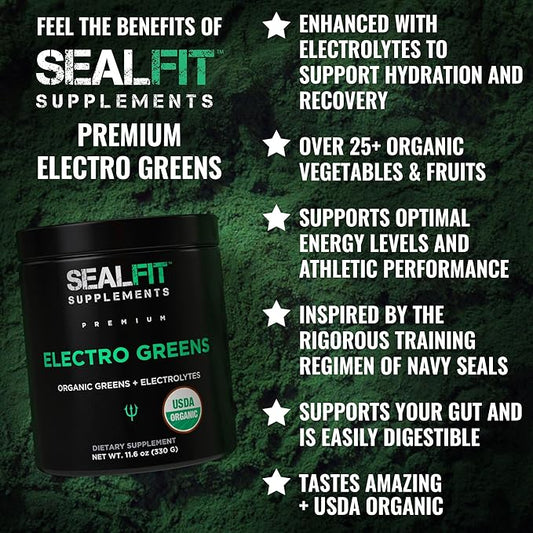 SEALFIT ElectroGreens - USDA Organic Greens Superfood + Electrolytes Powder. 25+ Superfoods for Energy and Hydration. Super Green Juice and Electrolyte Powder Inspired by Former Navy Seal Mark Divine