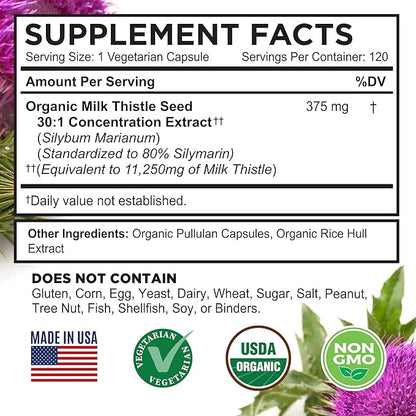 FarmHaven USDA Organic Milk Thistle Capsules |30X Concentrated 80% Silymarin 120 Veggie