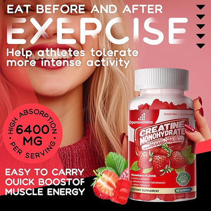 Creatine Monohydrate Gummies Complex 6400mg for Men & Women -Advanced Formula W/L-Taurine + Vitamin B12, Sugar Free Chewable Supplement,180 Strawberry Gummies 2pack