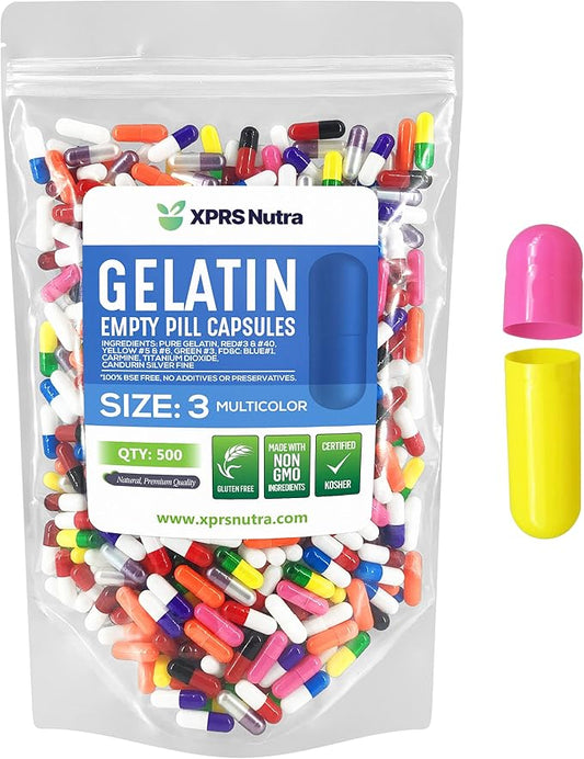 XPRS Nutra Size 3 Empty Capsules - 500 Count Empty Gelatin Capsules - Empty Pill Capsules - DIY Capsule Filling - Pure Bovine Pill Capsules Empty Gel Caps (Multi Color)