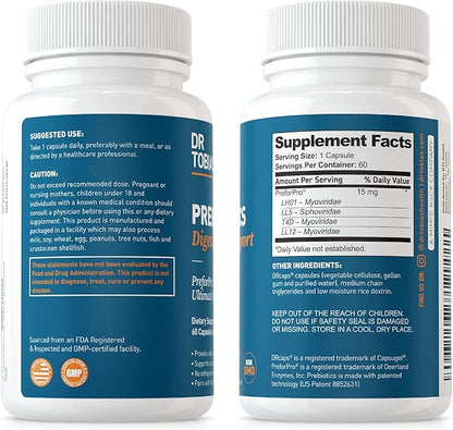 Dr. Tobias Prebiotics, Supports Digestion & Gut Health, Feed Good Probiotic Bacteria, Boost Gut Immune Function, Vegan & Non-GMO Gut Health Supplements for Men and Women, 60 Capsules, 60 Servings