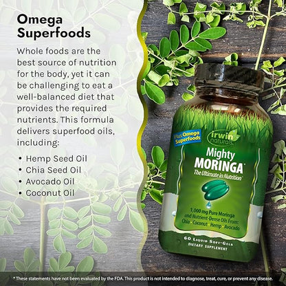 Irwin Naturals Mighty Moringa 1,000 mg - 60 Liquid Softgels, Pack of 2 - with Chia, Coconut, Hemp, Avocado & Omega Superfoods - 60 Total Servings