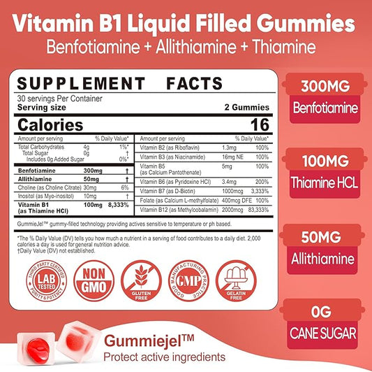 Vitamin B1 Gummies, Benfotiamine 300mg Allithiamine 50mg Thiamine 100mg +8 Vitamin B Complex,Inositol for Women Men, Includes Niacin, L-methylfolate, Methyl B12 for Nerve Energy Overall Health, 60Cts