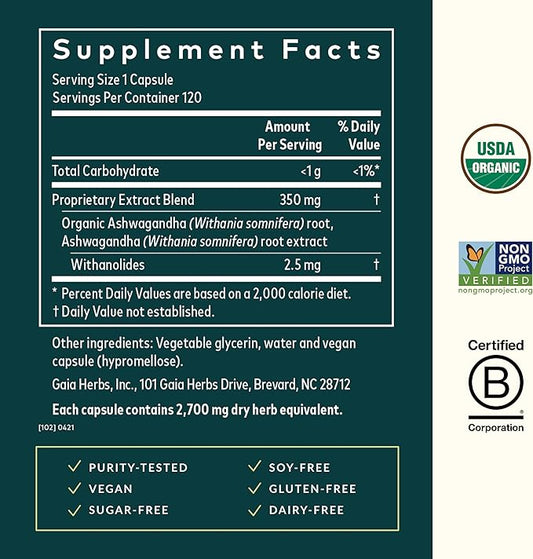Gaia Herbs, Ashwagandha Root Vegan Liquid Phyto Capsules - Stress Relief, Immune Support Supplement, Balanced Energy Levels and Mood , 120 Ct (Pack of 1)