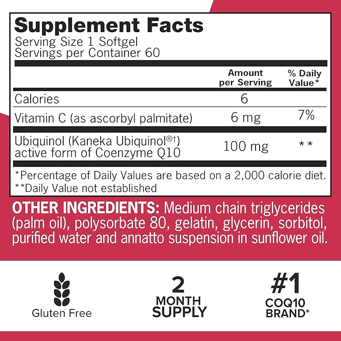 Qunol Ubiquinol CoQ10 100mg Softgels, Qunol 100mg - Q10 for 2 Month 60 Count