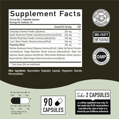 10 Mushroom Complex Supplement 1300+ MG 90 Capsules