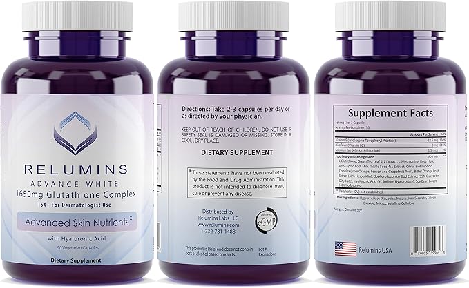 Relumins Glutathione Supplement 1650mg Reduced 90 Veggie 3 Bottles