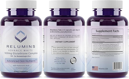 Relumins Glutathione Supplement 1650mg Reduced 90 Veggie 3 Bottles
