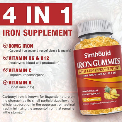 2 Pack Vegan 80MG Iron Supplement Gummies for Women & Men - Vitamin A, C, B for Adults & Kids - Blood Builder & Energy Support for Iron Deficiency, Anemia, 120 Counts Pineapple Flavor Gummies
