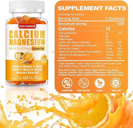 Sugar Free Calcium Magnesium Gummies 600mg Calcium,300mg Magnesium D3 & K2,Supplements for Support（120count,BS1722)