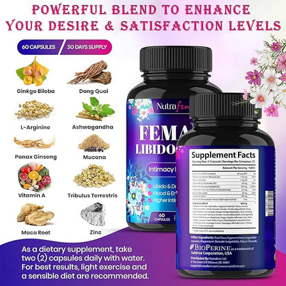 #1 Fast Acting Highly Effective Libido Booster for Women-Female Libido Booster for Hormonal Balance, Mood & Drive - with Maca Root, Ginseng, Tribulus, Gingko & Ashwagandha - 60 Capsules