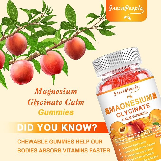 Magnesium Glycinate Gummies with Citrate 1000mg, B6, K2, K2, and 60 Peach