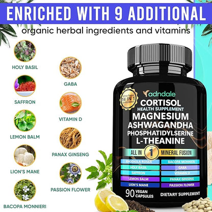 14-in-1 Cortisol Health Supplement with Ashwagandha, Magnesium Glycinate, Rhodiola, L-Theanine, Holy Basil & More. Cortisol Supplements for Women Support Stress Management & Stamina. 90 Capsules.