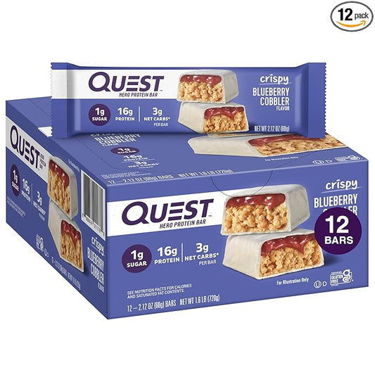 Quest Nutrition Crispy Blueberry Cobbler Hero Protein Bar, 16g Protein, 1g Sugar, 3g Net Carb, Gluten Free Protein Snack, Keto Friendly, 12 Count