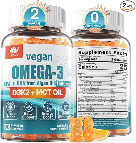 Vegan Omega3 Gummies 1280mg + Vitamin D3 K2, Sugar Free Omega 3 Fish Oil Alternative w/EPA 600mg & DHA 400mg & MCT Oil, No Fish Taste, from Marine Algae Oil, for Brain, Eye, Immunity, 2 Pack