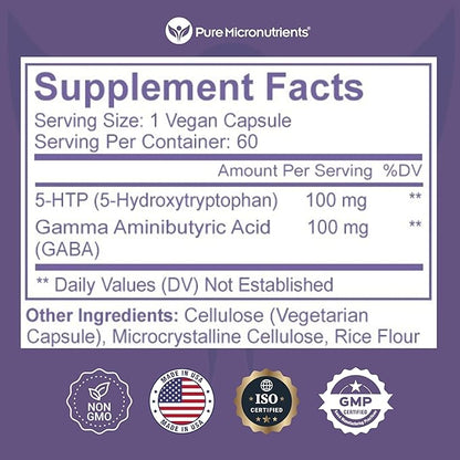 Pure 5-HTP (5-Hydroxytryptophan) Plus GABA Supplement 60 Veggie
