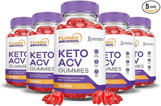(5 Pack) Turbo Ripped Keto ACV 1000MG Turbo B12 Vegan 300 Gummys