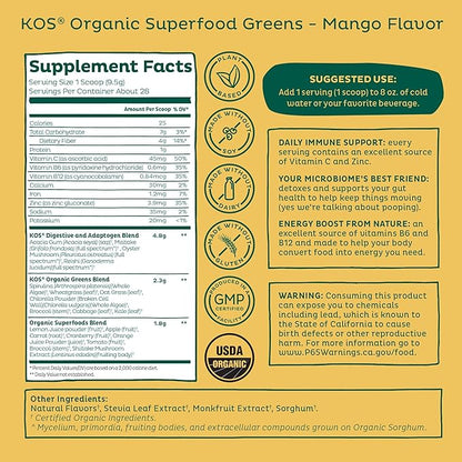KOS Organic Superfood Greens Powder - Gut Health from Prebiotic Fiber, Supergreens and Adaptogens - USDA Certified Organic, Made in a GMP Certified Facility - 28 Servings Mango