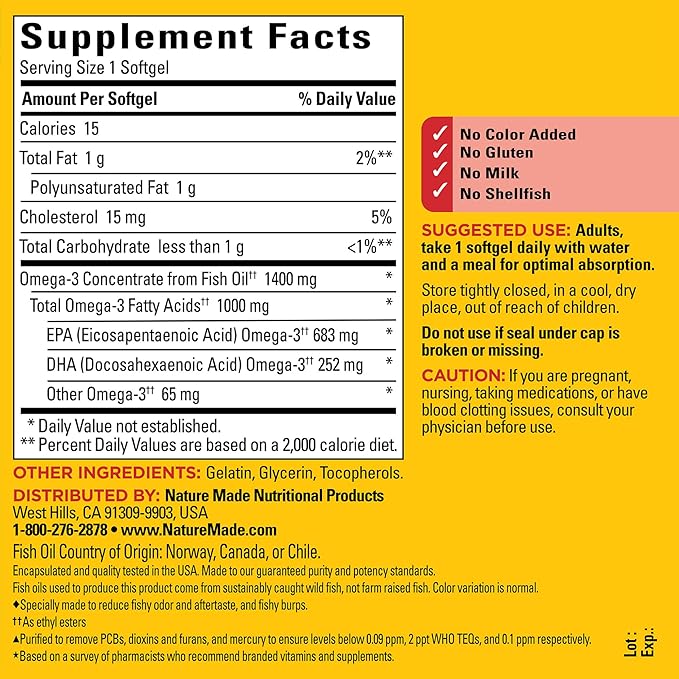 Nature Made Burp Less Ultra Omega 3 Fish 1400 mg, 3 Supplement 90 Softgels