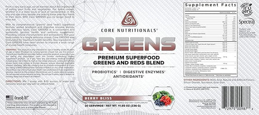 Core Nutritionals Greens Platinum Premium Superfood Greens and Reds Blend, Supports Digestion and Gut Health, 5 Billion CFU Probiotic,30 Servings (Berry)