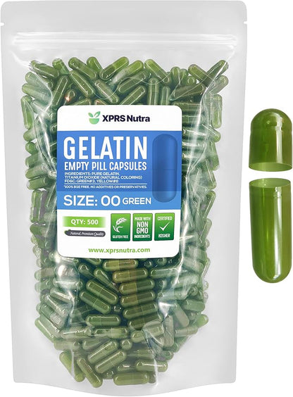 XPRS Nutra Size 00 Empty Capsules - 500 Count Empty Gelatin Capsules - Empty Pill Capsules - DIY Capsule Filling - Fillable Pill Capsules Empty Gel Caps (Green)