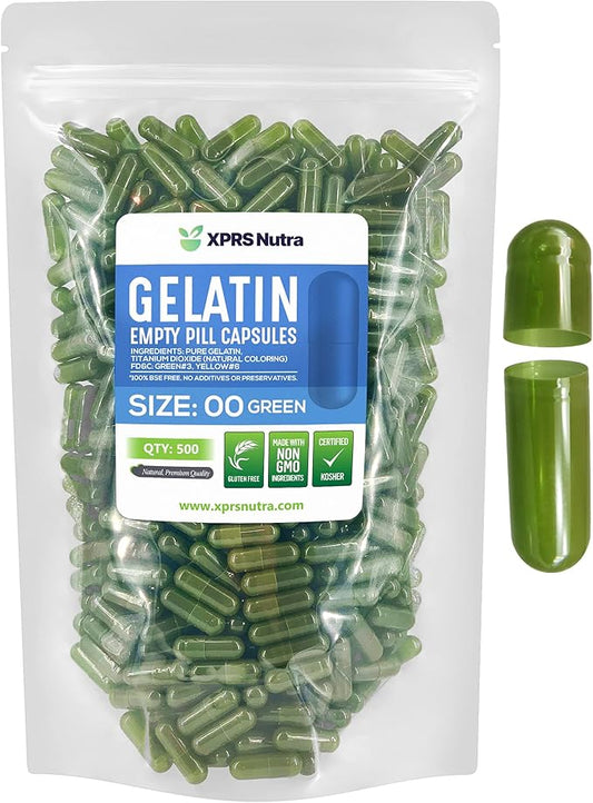 XPRS Nutra Size 00 Empty Capsules - 500 Count Empty Gelatin Capsules - Empty Pill Capsules - DIY Capsule Filling - Fillable Pill Capsules Empty Gel Caps (Green)