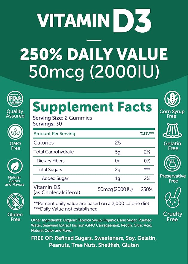 Lunakai USA Made Vitamin D3 Gummies 2000 IU - Non-GMO, Gluten-Free Vitamin D Gummies for Women & Men - Bone, Immune & Energy Support, 60ct