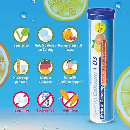 German Calcium + VIT. D - 40 Vegetarian Drink Effervescent Tablets - Orange-Grapefruit Flavor - Made in Germany