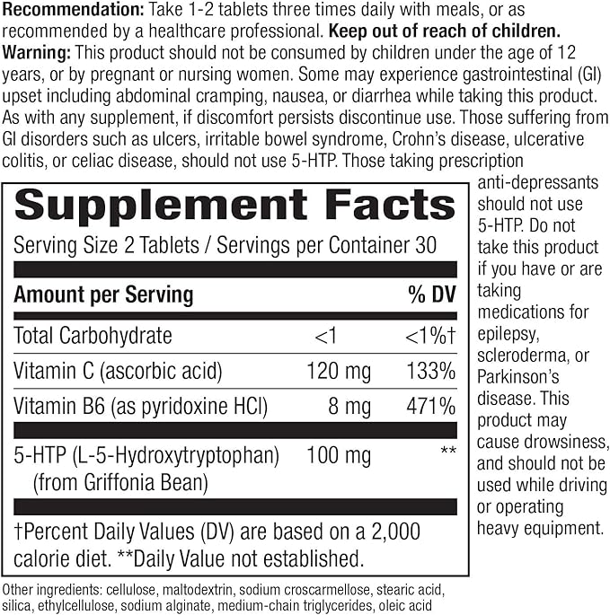 Nature's Way 5-HTP, Calms Nerves and L-5-Hydroxytryptophan, Vitamins B6 & 50 mg 60 Count