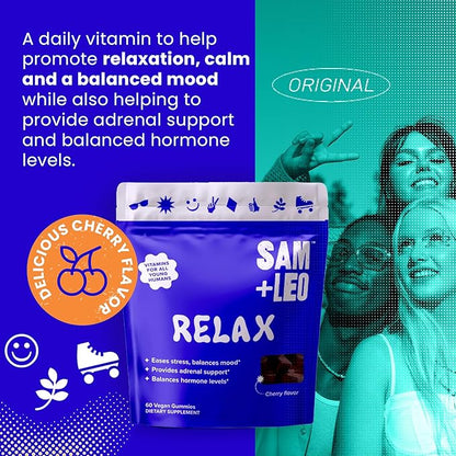 Relax - All Natural & Vegan Calm and Relaxation Gummies for Teens and Kids with Ashwagandha, Vitamin D2, and Zinc - Cherry Flavored - 60/ct