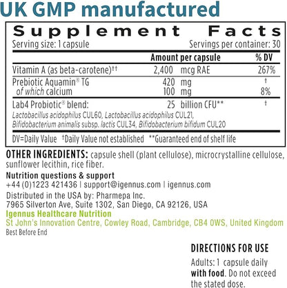 Igennus Probiotics & Prebiotic, Lactobacillus Acidophilus & Bifidobacterium, Live Cultures+ Lab4, Guaranteed 25 Billion CFU, for Women & Men, Non-Bloating Gut Health Support, Non-GMO, 6 x 30 Capsules