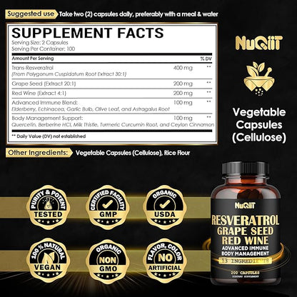 Extract 30:1 Trans Resveratrol Supplement 1000mg 200 Capsules 100 Servings