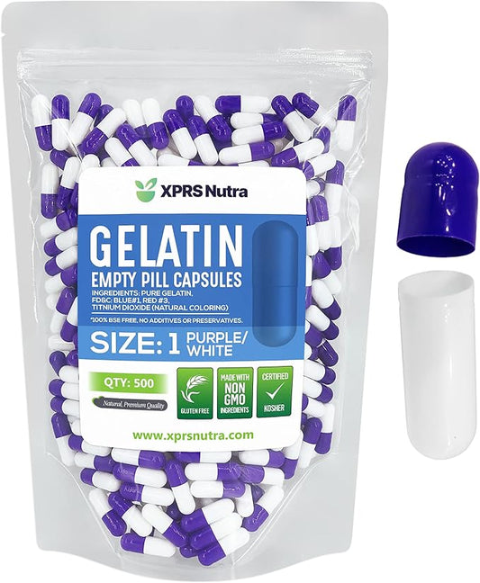 XPRS Nutra Size 1 Empty Capsules - 500 Count Empty Gelatin Capsules - Empty Pill Capsules - DIY Capsule Filling - Pure Bovine Pill Capsules Empty Gel Caps (Purple/White)