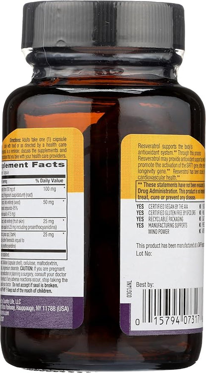 Country Life Resveratrol Plus 1000mg - Organic Antioxidant Supplement with Pine Bark & Grape Seed Extracts - Vegan, Gluten-Free, Non-GMO