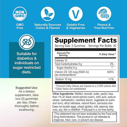 Yum-Vs - Vitamin D3 Gummies with Zero Sugar for Adults & Kids (125 mcg - 60 Count) - Sugar Free Vitamin D Gummies - Vegetarian Gummy Vitamins for Bone Support & Immune Health - Vit D3 Vitamin Chewable