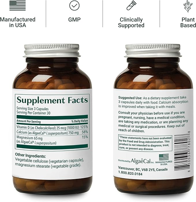 ALGAECAL - Plant Based Calcium Supplement D3 (1000 (1000 IU) 13 Minerals 90 Veggie 3 Month