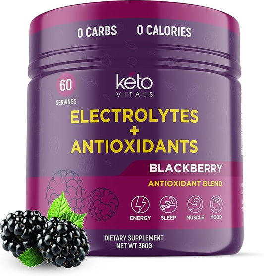 Keto Vitals Electrolytes Powder - Antioxidant Blend Keto Electrolytes Powder with Potassium, Magnesium, Sodium, & Calcium - No Sugar Electrolyte Drink Mix & Hydration Powder, 60 Servings, BlackBerry