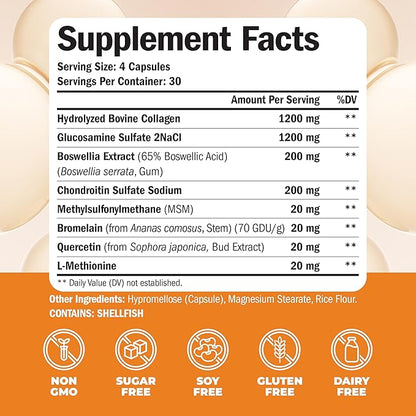 Glucosamine Chondroitin MSM with Collagen Powder. Joint Support Supplement. Bromelain, Quercetin, L-Methionine & Boswellia Extract capsules. Hair Skin and Nails Vitamins. FSA eligible. 120 caps
