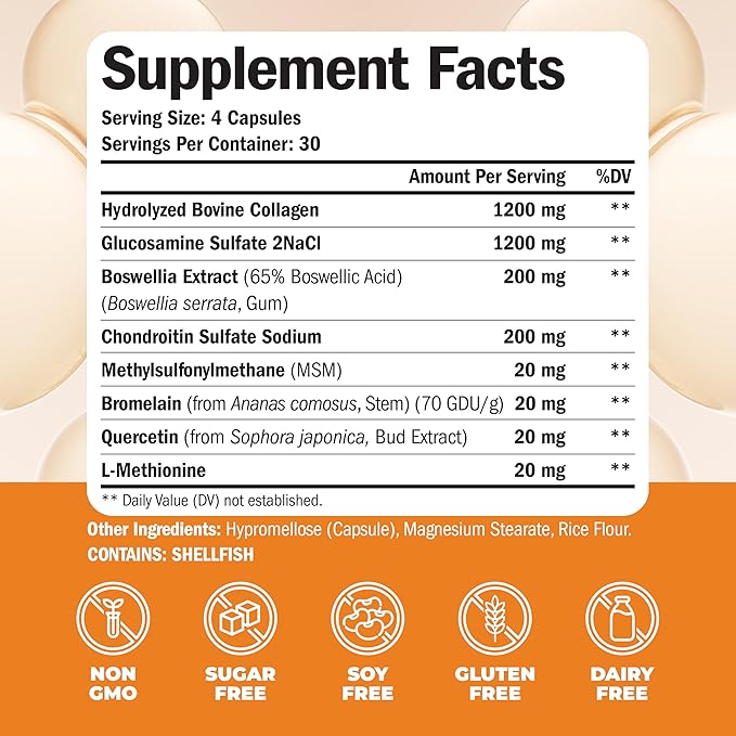Glucosamine Chondroitin MSM with Collagen Powder. Joint Support Supplement. Bromelain, Quercetin, L-Methionine & Boswellia Extract capsules. Hair Skin and Nails Vitamins. FSA eligible. 2 Pack