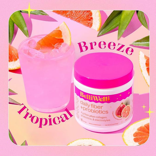 Daily Fiber Supplement Powder with Collagen, Probiotics & Electrolytes | Supports Digestive Health, Gut Balance & Debloating | Tropical Breeze | 16 Servings