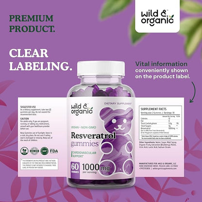 Wild & Organic Resveratrol Gummies 1000mg Organic 60 Antioxidant