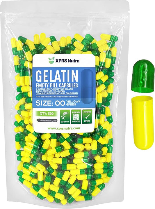 XPRS Nutra Size 00 Empty Capsules - 500 Count Empty Gelatin Capsules - Empty Pill Capsules - DIY Capsule Filling - Fillable Pill Capsules Empty Gel Caps (Green/Yellow)