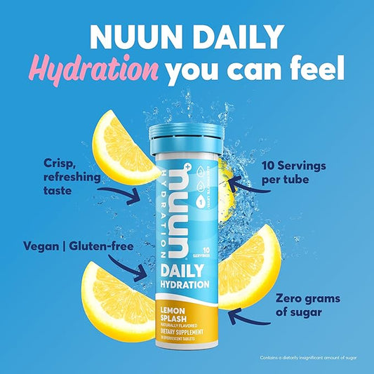 Nuun Hydration Daily, Wellness Electrolyte Tablets, Lemon Splash, No Sugar, 5 Essential Electrolytes for Hydration, Vegan, Gluten Free, 8 Pack (80 Servings)